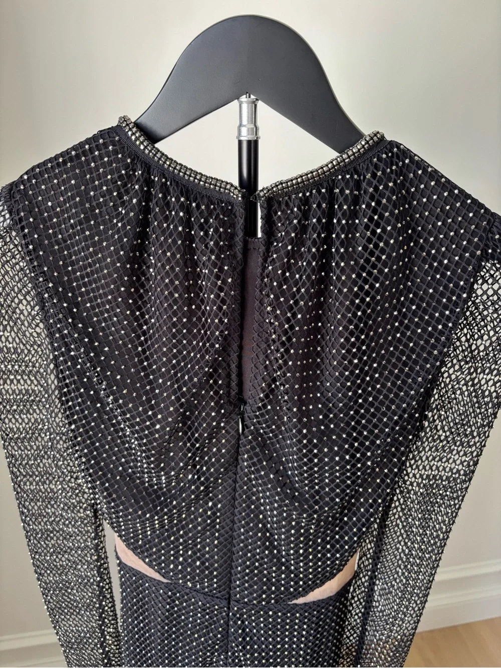 Self-Portrait Black Beaded Mesh Long Sleeve Cutout Midi Dress